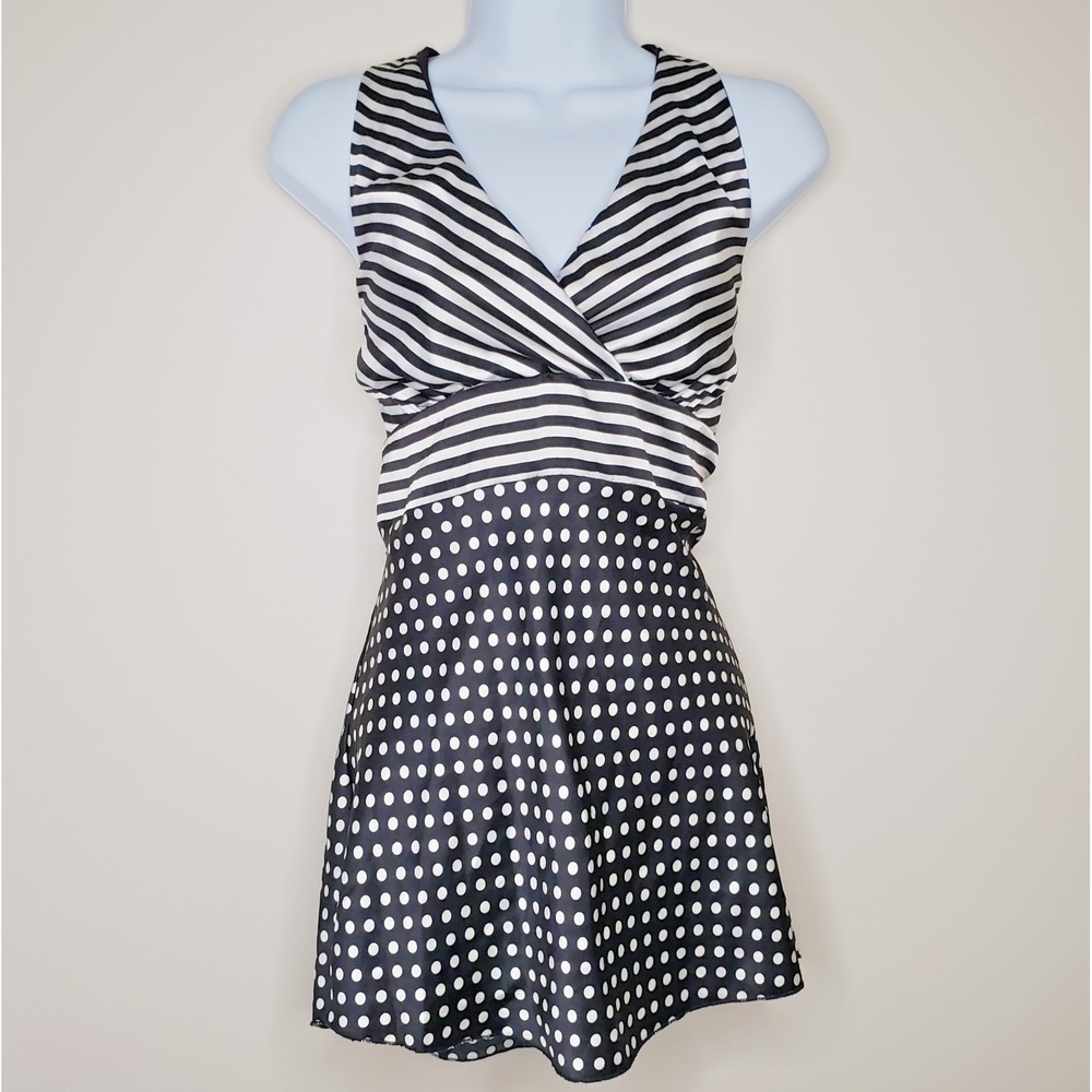 Vtg Preppy Y2K Babydoll Halter Dress Satin Polkadot Stripe Retro Graphic Sz M - Picture 1 of 16